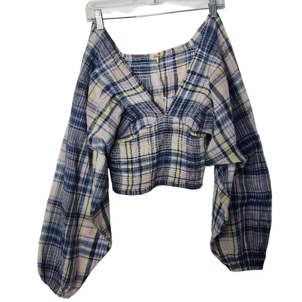 Free People Multicolor Smocked V-Neck Long Sleeve Marlena Plaid Crop Top Size XS - Image 2
