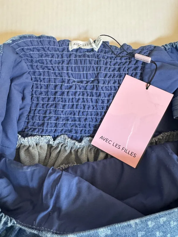 NWT Avec Les Filles Swirling Hearts denim puff sleeve babydoll minidress bow S - Image 15