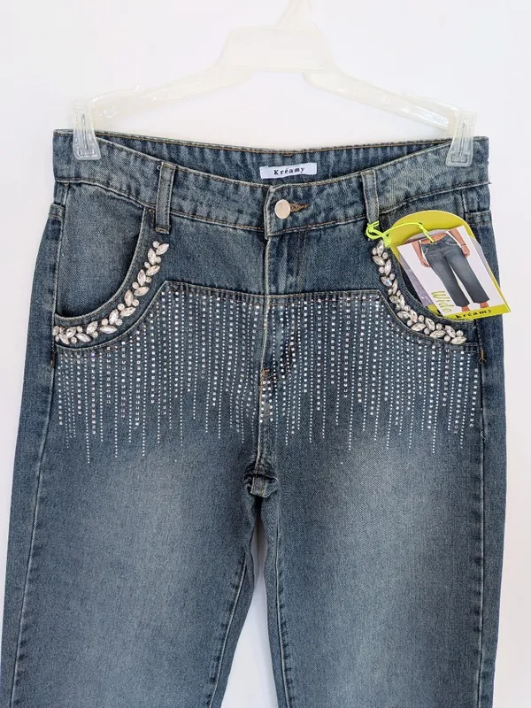 Rhinestone Embellished Wide Leg Jeans Dark Wash Bling Denim Size M - Image 7