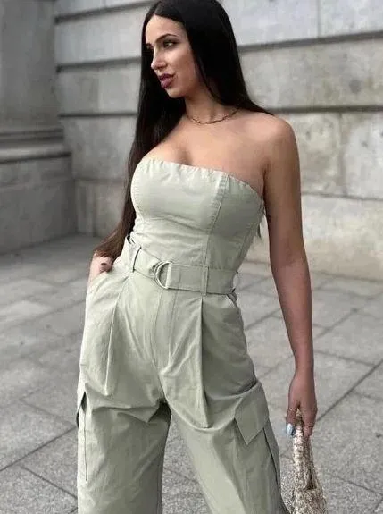 ZARA jumpsuit technical fabric cargo sleeveless wide streight leg light khaki - Image 10