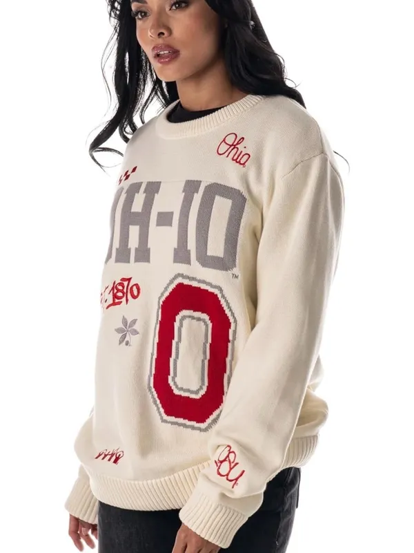 Unisex Ohio Graphic Crewneck Sweater - Cream with Red & Gray Accents Size M - Image 3