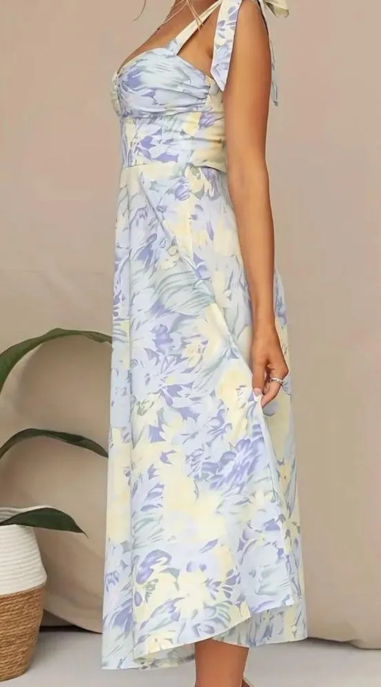 Light Yellow and Blue Floral Sundress with Tie Straps - Image 4