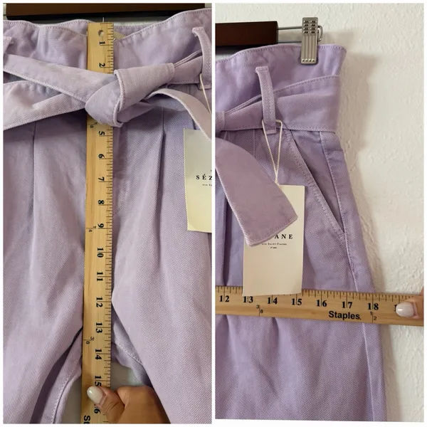 Sézane Paperbag Waist Belted Organic Cotton Tapered Pants Lilac FR34 US2 NWT - Image 4