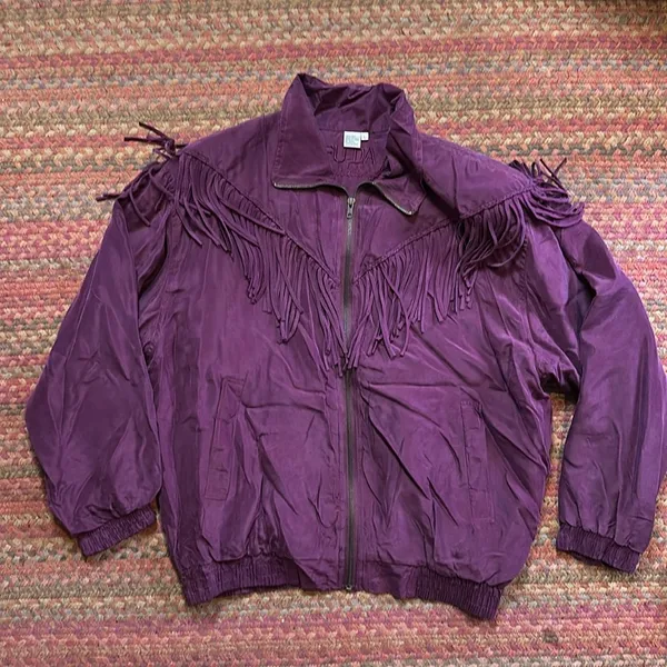 Vtg Silk Dark Purple Fringe Windbreaker Zip Up Jacket - Image 4