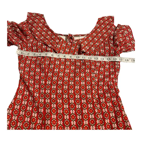 Molly Bracken Fit‎ & Flare Dress Red White Abstract Scoop Neck Ruffle Hem XS - Image 5
