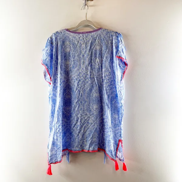 Surf Gypsy Floral Embroidered Short Sleeve Bohemian Tunic Cover-Up Dress Blue S - Image 3