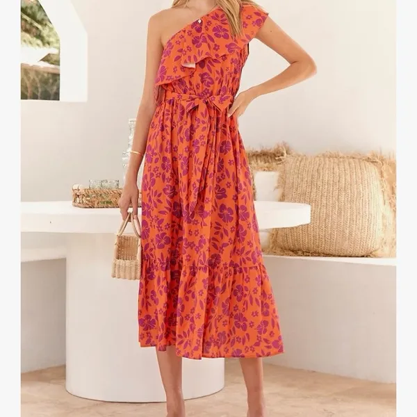 NWOT Elegant One-Shoulder Boho Floral Dress - Orange and Purple - Image 2