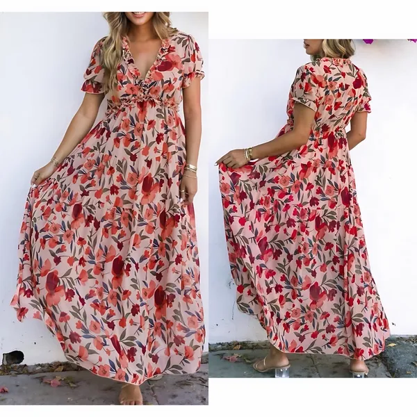 Lg Floral Ruffle V-Neck Maxi Dress in Blush Red - Image 2