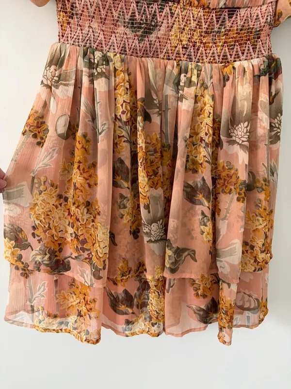 Anthropologie Not So Serious Amaranth Puff Sleeve Floral Tiered Boho Mini Dress - Image 5