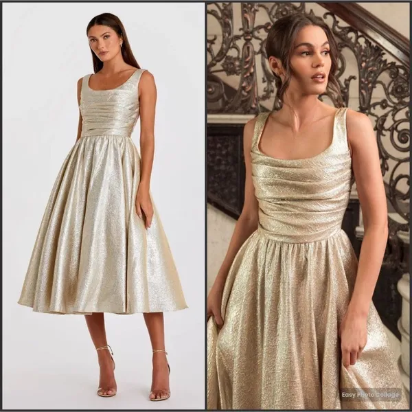 MAC DUGGAL Size 6 Gold Square Neck Pleated Sleeveless Midi Cocktail Dress Gown - Image 2