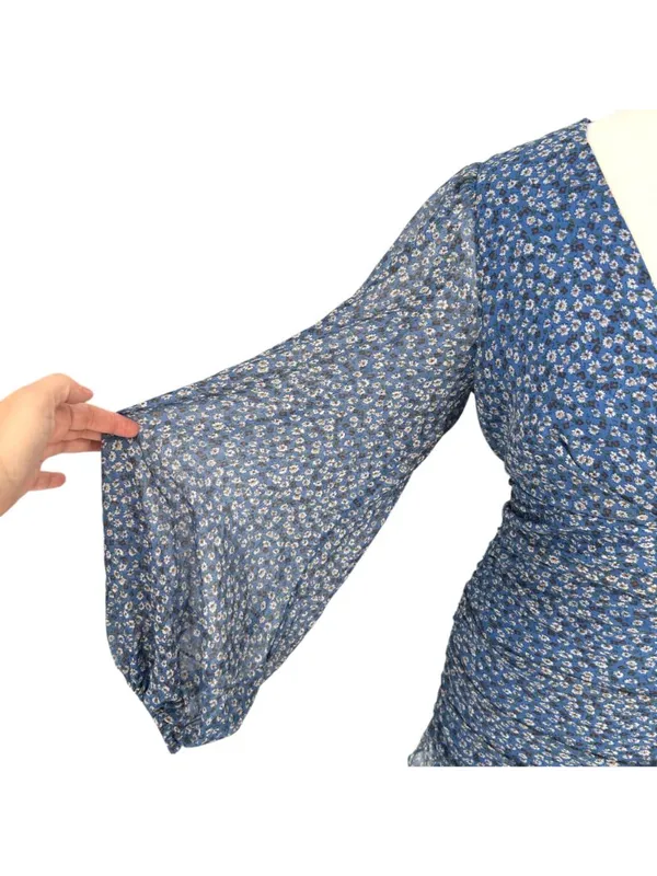 Bardot Floral V-Neck Long-Sleeve Mini Dress Ruffled Ruched Blue Size XL - Image 3