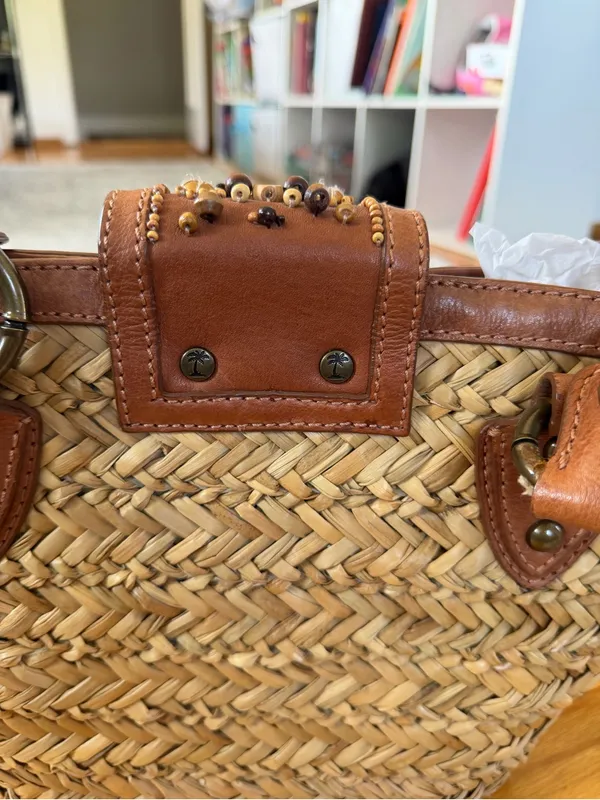 Tommy Bahama Natural Straw Tote with Brown Leather Trim and Beaded Accent - Image 5