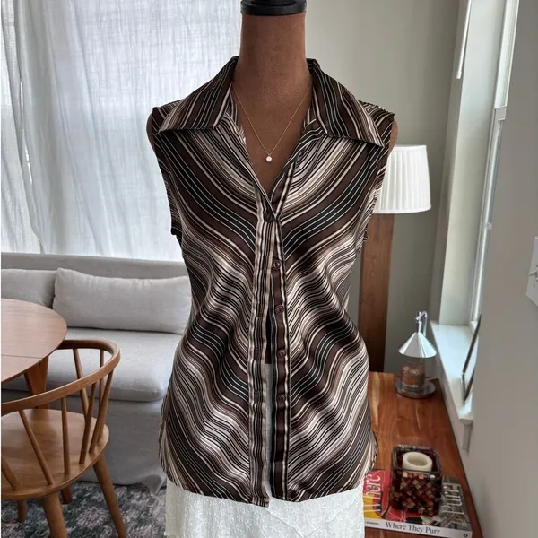 90s‎ Vintage Giorgio Fiorlini Collection Striped Satin Sleeveless Blouse Medium - Image 6