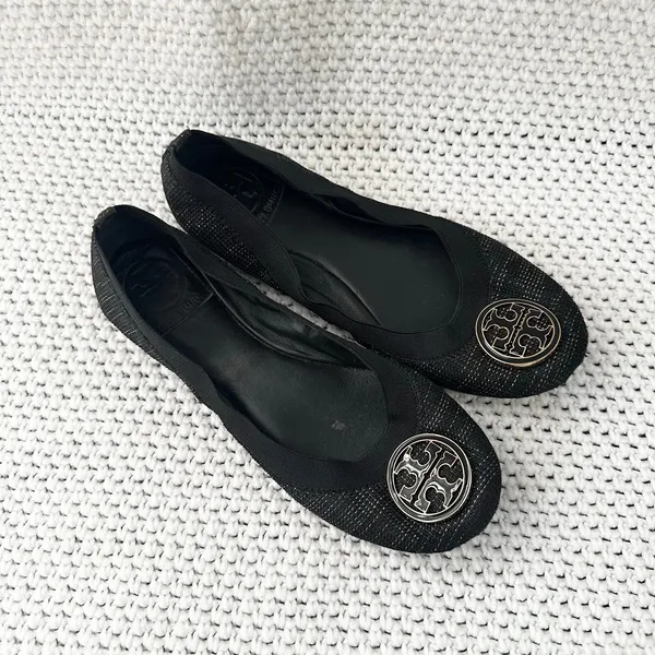 Tory Burch Black Gold Tweed Fabric Caroline Classic Reva Ballet Flats Shoes 6.5 - Image 2
