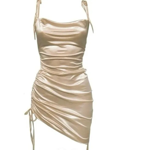 LEAU Champagne Satin Bodycon Mini Dress Ruched Drawstring Adjustable Tie XS - Image 10