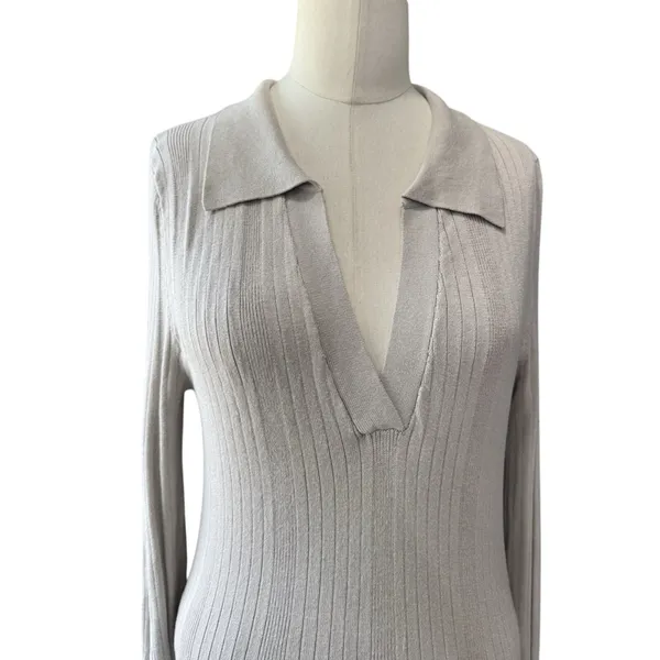 H&M NWT Rib Knit Dress Women's M Beige Tan V Neck Collared Bodycon Midi - Image 11