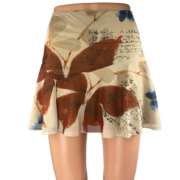 Tiger Mist Feyra Beige Low Waist Graphic Print Butterfly A Line Mini Skirt Sz L - Image 2