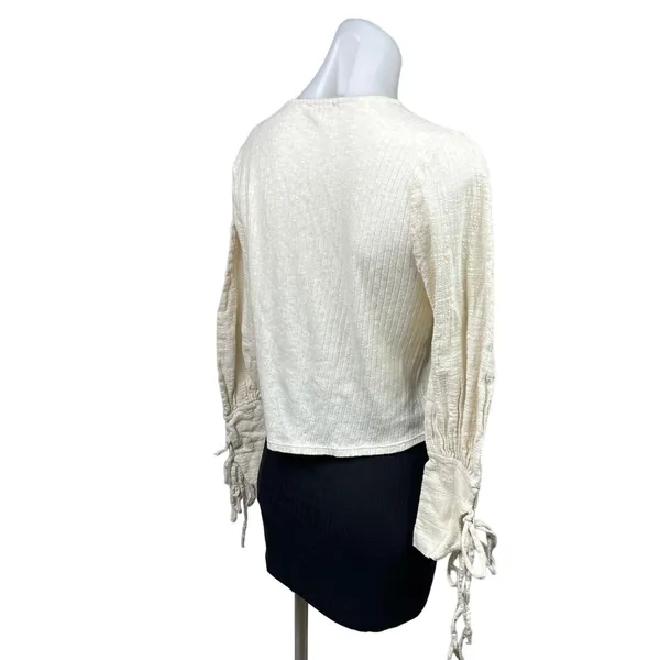 Zara Womens White Cream Ribbed Tie Long Sleeve Crew Cropped Sweater Top Size S - Image 3