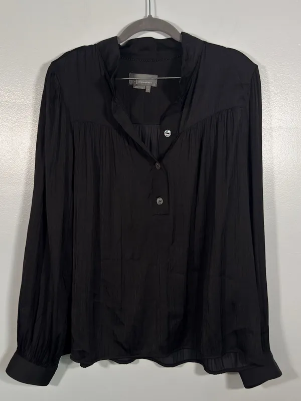 Anthropologie Black V-Neck Gathered Long-Sleeve Relaxed Henley Blouse L - Image 2
