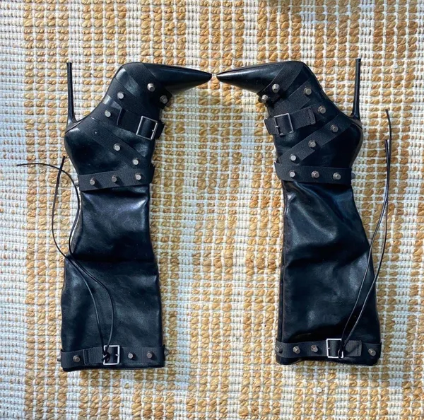 Steve Madden Fink Black Faux Leather Strappy Studded Knee High Boots - Image 8