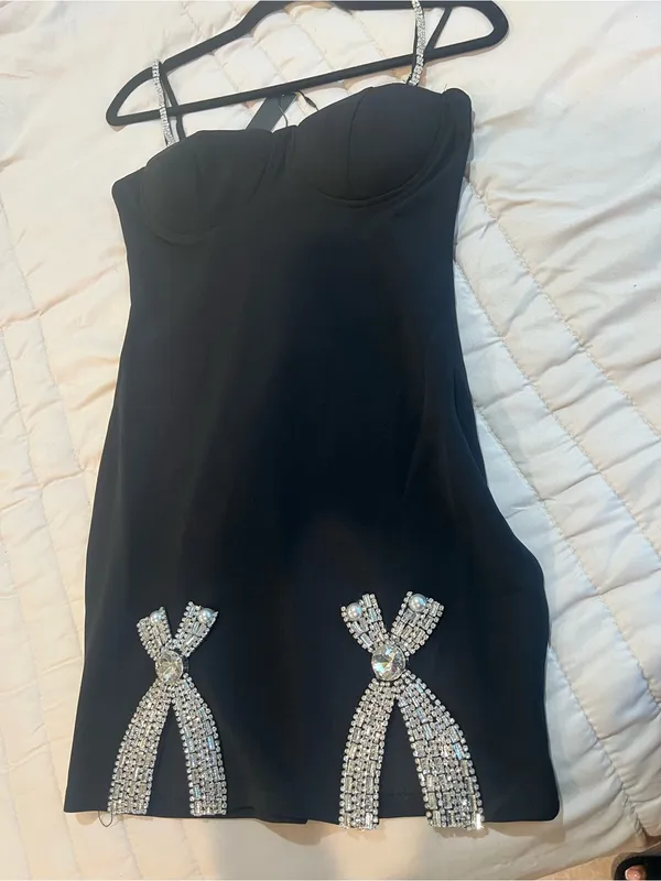 Black Rhinestone Bow Bodycon Mini Dress - Image 7
