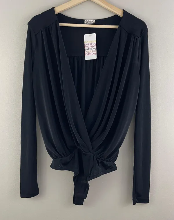 Free People Black Plunging V Neck Faux Wrap Long Sleeve Turnt Bodysuit NEW - Image 4