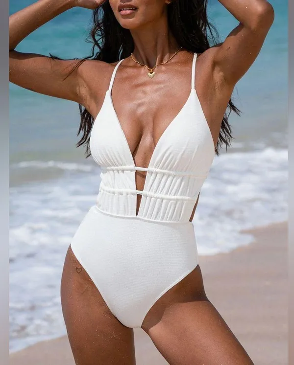Berlook White Textured Plunge One-Piece Swimsuit - Image 3