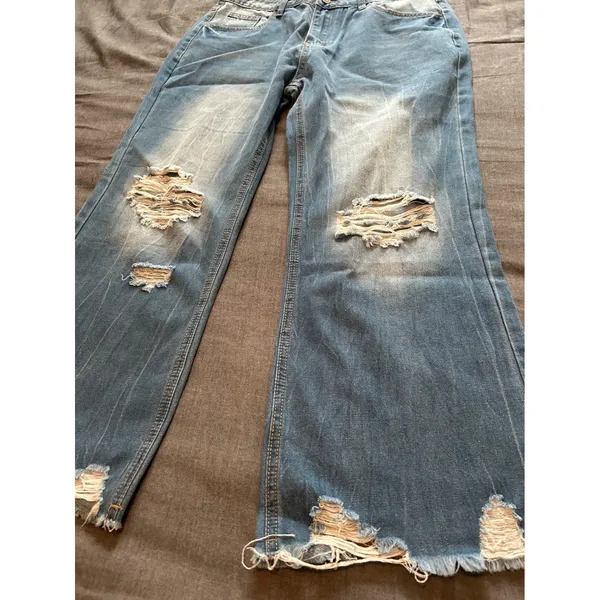 Melarey Blue Distressed Wide Leg Jeans Light Wash Frayed Hem Size L - Image 4