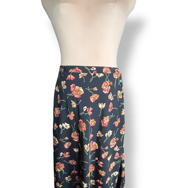 Vintage‎ 90s Halston Black Red Dark Floral Maxi Skirt Side Button Size 12 Fall - Image 7