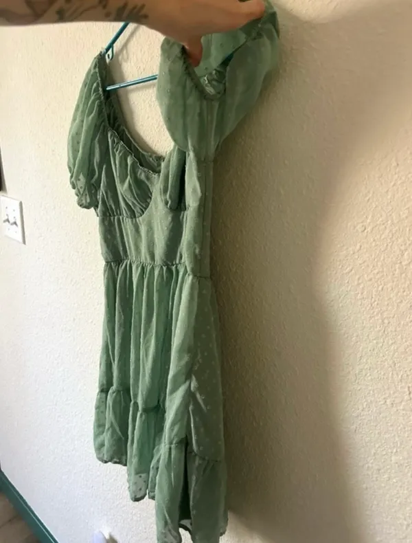 Trixxi Sage Green Puff Sleeve Swiss Dot Mini Dress M Cottagecore Summer - Image 3