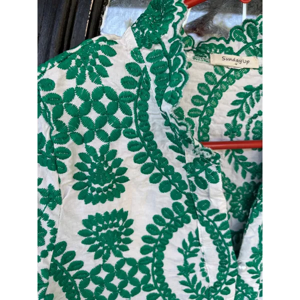 Sunday Up Green White Floral Embroidered Ruffle Neck Blouse Pearl Button Medium - Image 3
