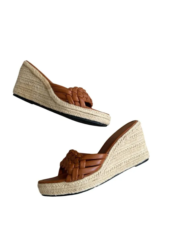 TAN Braided Leatherette Espadrilles Wedges Size 10 - Image 4