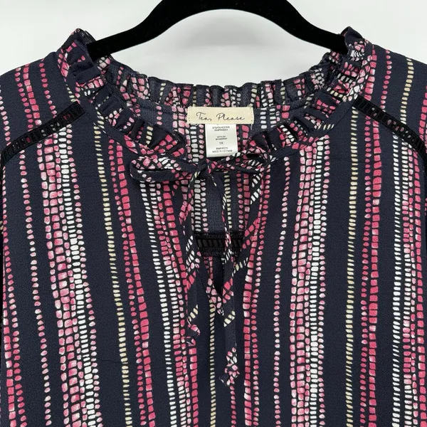 Tea Please Peasant Womens 1X Pink Black dots Balloon Sleeves Boho Blouse Top - Image 3