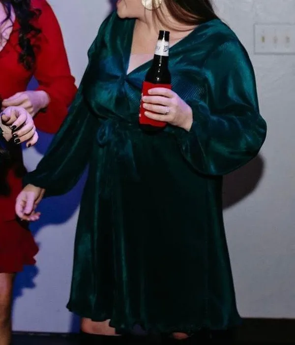 Green Long Sleeve Pleaded Mini Dress - Image 3