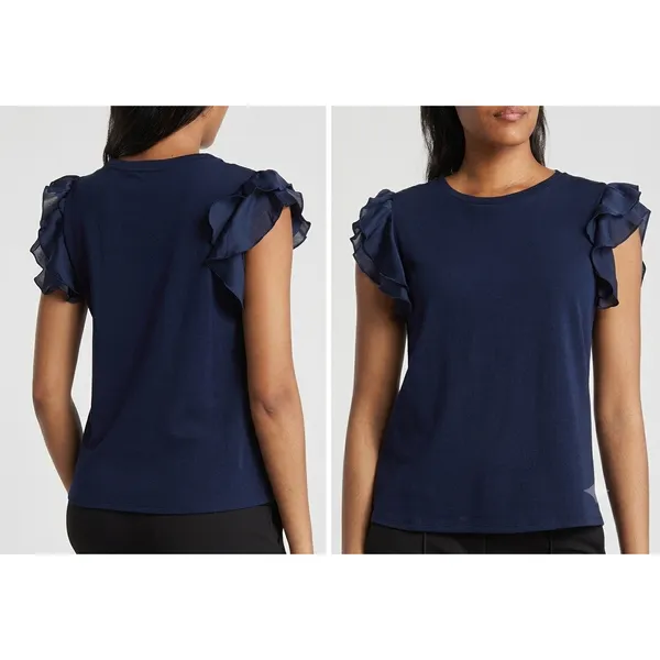 Vince Camuto Knit Top Womens XS Navy‎ Blue Ruffle Sleeve Chiffon Trim Blouse - Image 2