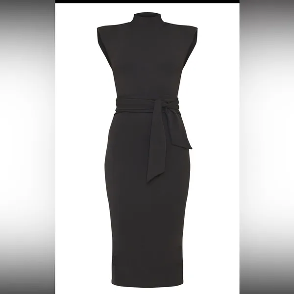 Pretty Little Thing Dress Shape Black Padded Shoulder Midi Size 0 Women PLT - Image 2