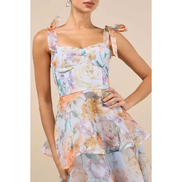 Lulus Playfully Posh Blue Floral Organza Tie-Strap Tiered Midi Dress Medium NWT - Image 4
