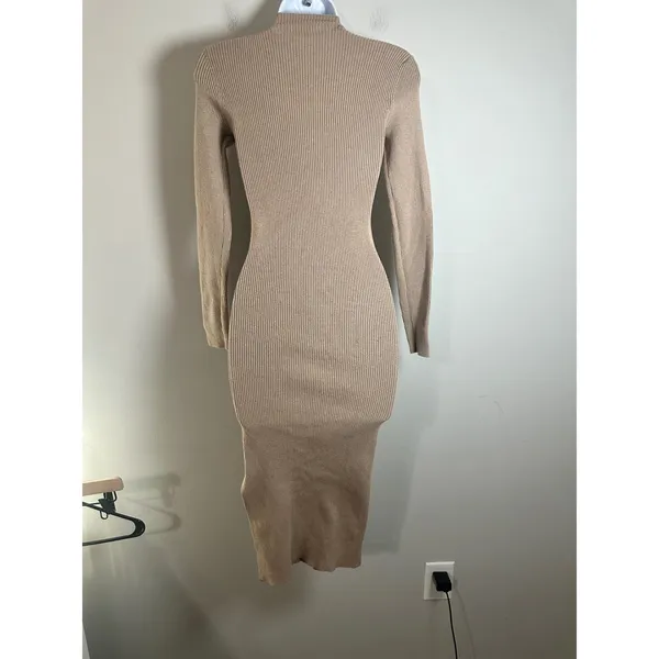 Dress Forum Tan Ribbed Mock Neck Long Sleeve Midi Bodycon Sweater Dress FW4770PB - Image 5