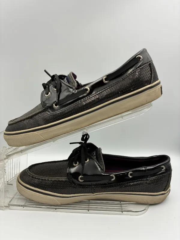 Sperry Womens Black Patent Sequined Boat Shoes Size 9M Stylish Casual Slip Ons - Image 2