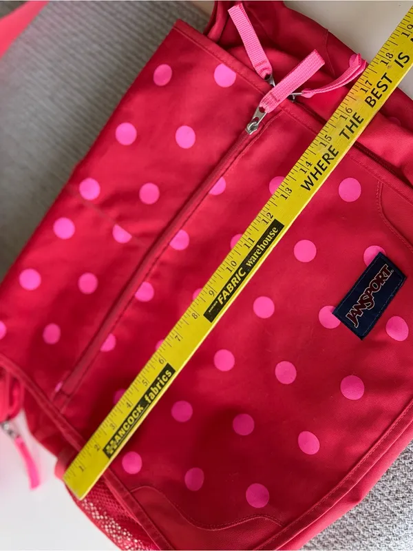 Jansport Red Oversized Messenger Bag with Pink Polka Dots - Image 6