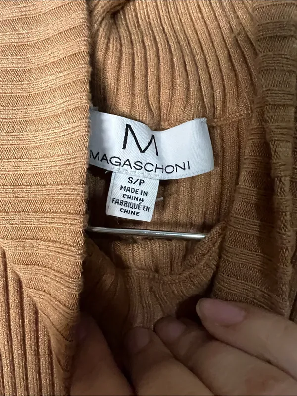 M Magaschoni Camel‎ Ribbed Knit Mock Neck Side Slit Midi Sweater Dress - Image 5