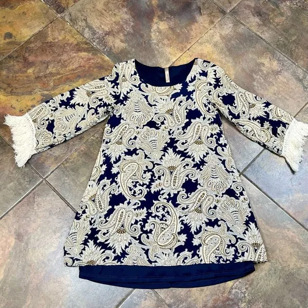 Entro Women’s Paisley Crewneck Long Sleeve Fringe Dress Small - Image 5