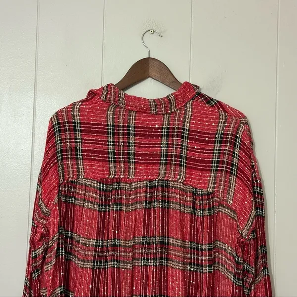 Free People Fearless Love Tunic XS Red Plaid Metallic Bell Sleeve Boho Top - Image 10