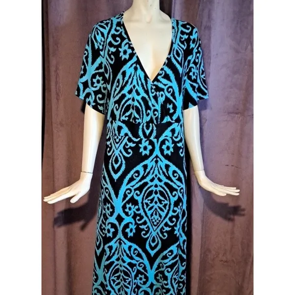 NWT Karalin Maxi Dress Women Sz 14W Teal/Black‎ Aztec Print Banded Waist y2k - Image 4