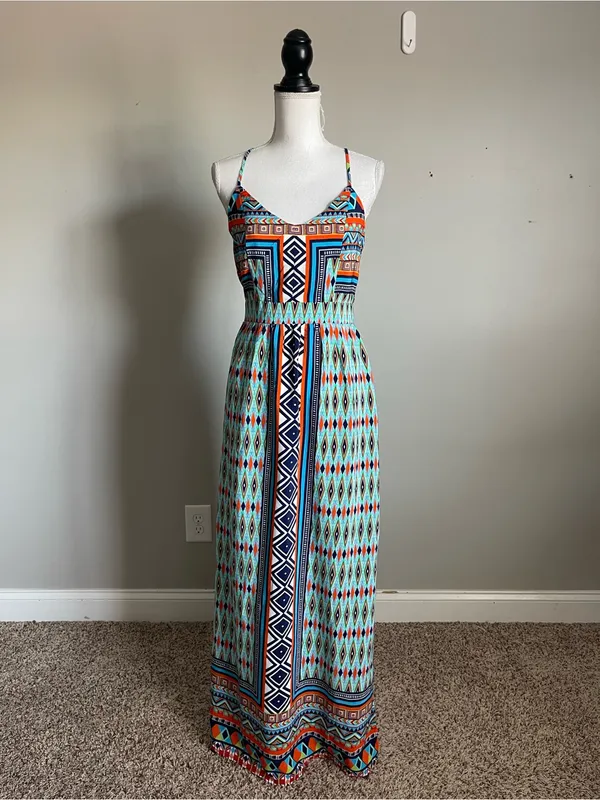 MYAN | Coloful Geo-Print Spaghetti-Strap Maxi Dress Sz - Image 2