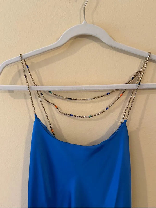 Satin Cobalt Blue Maxi Slip Dress with Chain Straps - Image 4