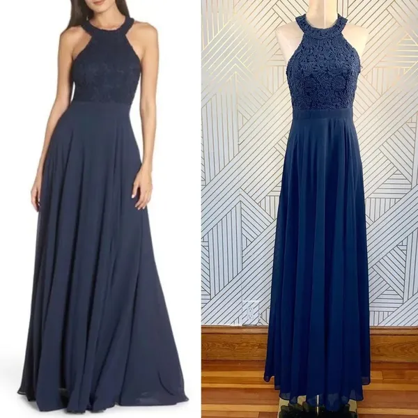 Lulu's Love Poem Lace‎ Halter Gown in Navy Blue - Image 2