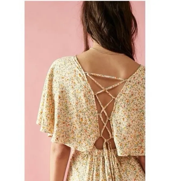 Free People Cream&Orange Floral Print Florence Smocked Mini Dress Sz.L - Image 4