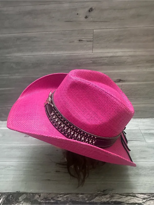 Silver Rodeo Women's Pink Straw Cowboy Hat with Studded Western Band - Image 4