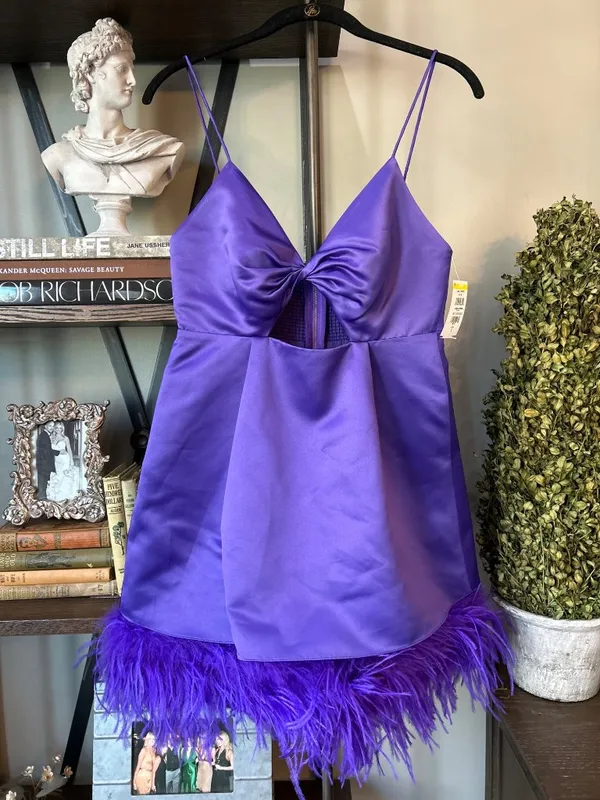 Alice + Olivia Necole Cutout Feather Hem Mini Dress Purple Womens 6 - Image 5